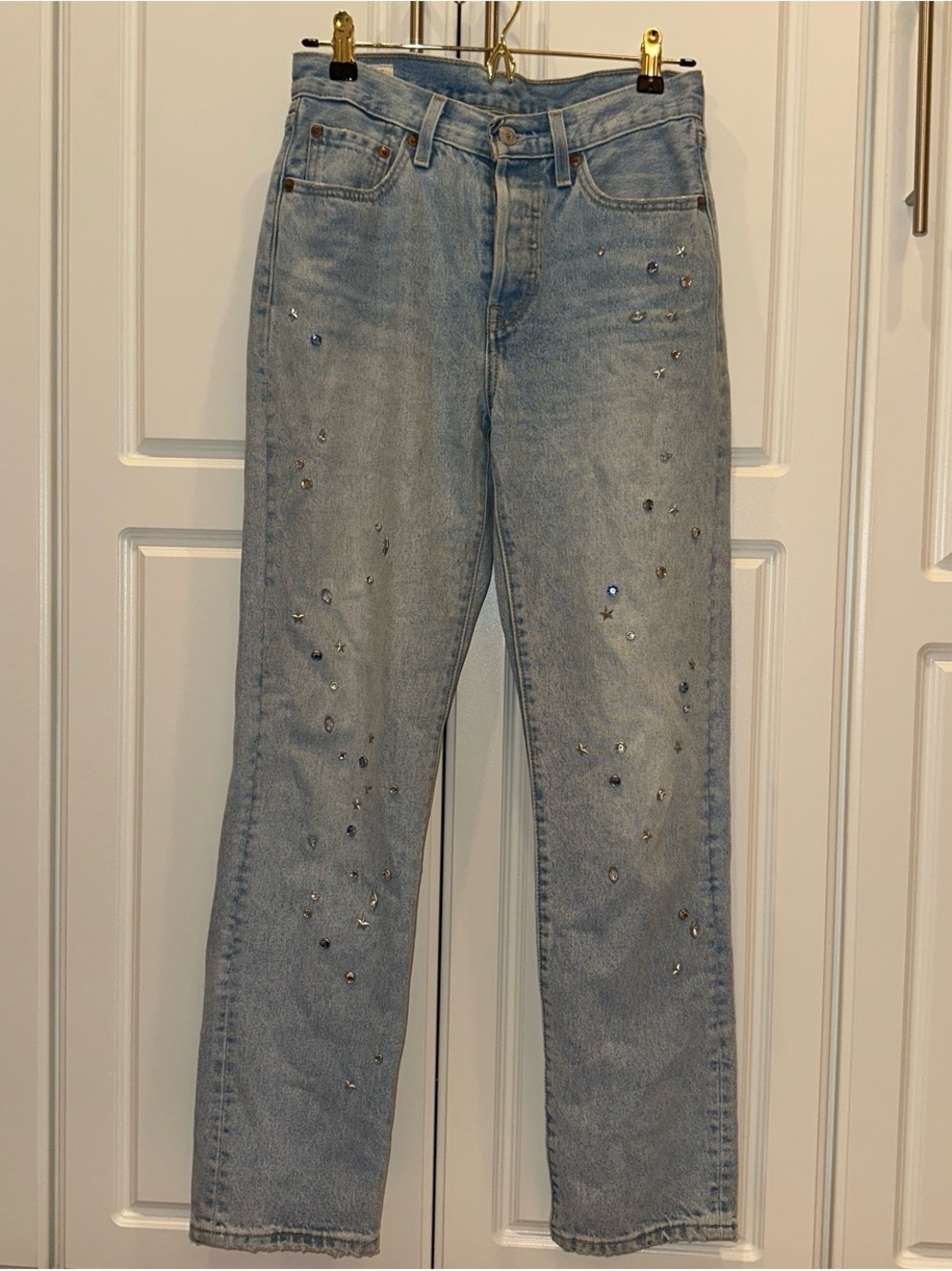 Light Wash Straight-Leg Jeans with Crystal Embellishment